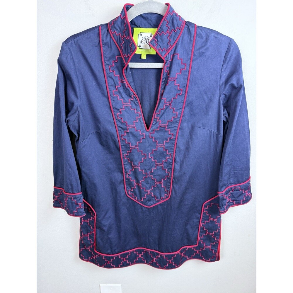 Elizabeth McKay Women’s Tunic in Navy With Red Embroidery Sz 2 Top Blouse
